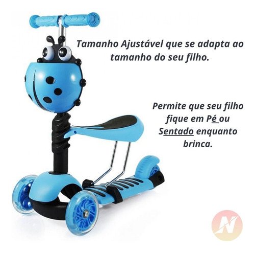 Imagem 3 de 7 de Patinete Infantil 3 Rodas Joaninha 2 Em 1 Com Luz - Azul