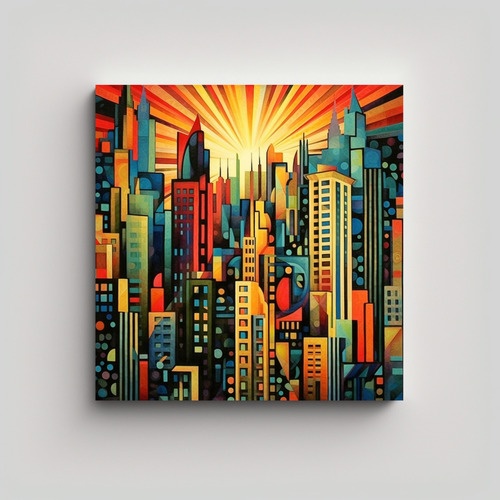 50x50cm Cuadro Art Déco Metrópolis Colorida Y Brillante