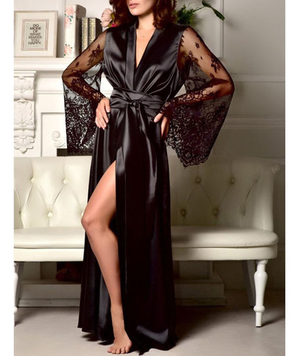 Camisón Largo De Satén D Para Mujer, Encaje De Seda, Li 8682