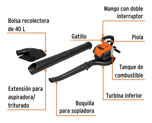 Sopladora Aspiradora Y Trituradora A Gasolina 26cc Con Bolsa