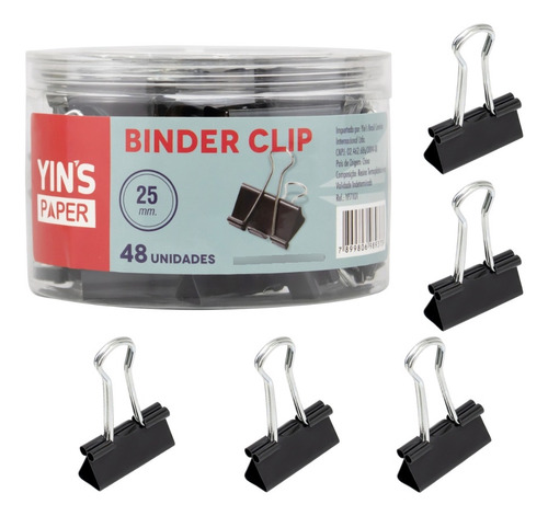 Prendedor De Papel Binder Clip 25mm Pote Com 48 Peças Metal Cor Preto