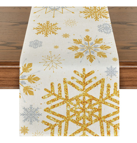 Camino De Mesa Fondo Blanco Copos De Nieve Dorados 13x72inch