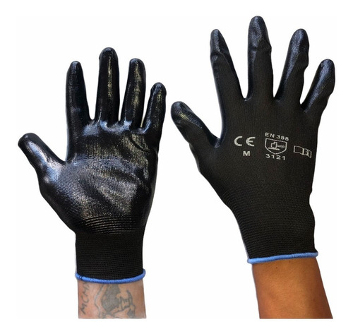 10 Pares Guantes Negro Nylon Palma Nitrilo Antiderrapantes