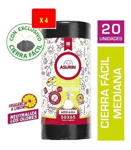 Bolsa Asurin Mediana Cierre Fácil Limón 50x65 X 4 Paquetes 