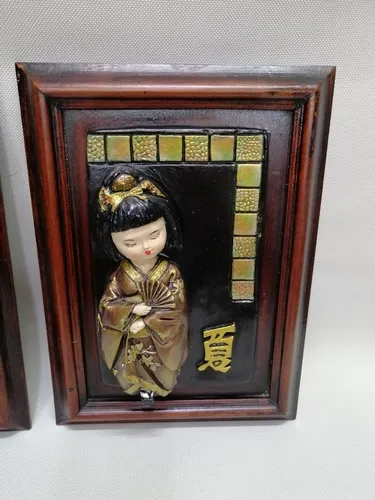 Cuadro Japonés Antiguo En Madera Y Ceramica Al Oleo Relieve (Usado)