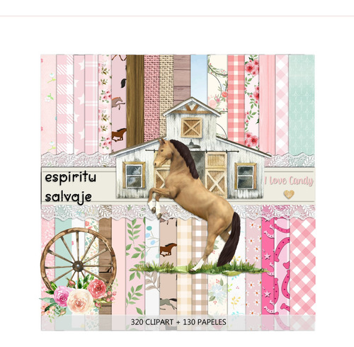 Kit Digital Caballo Romantico Floral Papeles + Imagenes