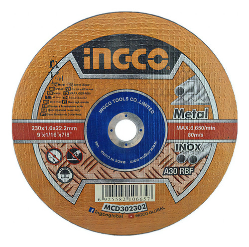 Disco Corte Metal 230mm X 1,6mm X 22,2mm, Ingco Mcd302302 Color Negro