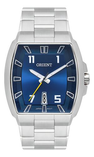 Relógio Orient Masculino Prateado Quadrado Gbss1054 Correia Prata Bisel Prata Fundo Azul-marinho