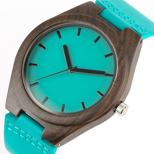 Relógio De Madeira De Bambu Correia Azul Muito Lindo