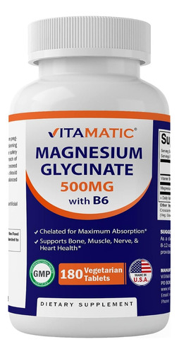 Glicinato De Magnesio 500 Mg Con B6 180 Capsulas Hecho Usa Sabor S/n