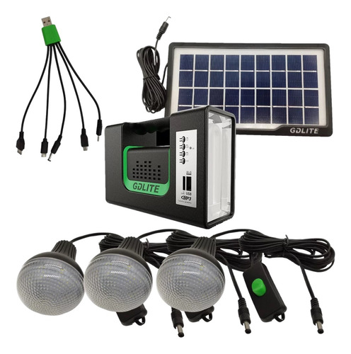 Kit Emergencia Camping Solar 3 Ampolletas Linterna+radio Mp3 Color Negro
