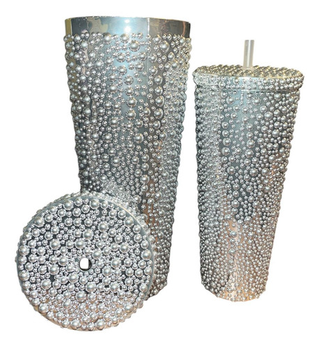 Dúo Vaso Plata De Perlas + Popotes | Set 2 Vasos Plástico Para Té De Burbujas | Ideal Para Batidos, Smoothies, Shakes Y Bebidas Frías O Calientes | Reutilizable Y Resistente
