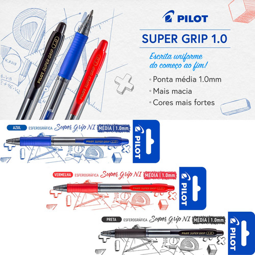 Caneta Pilot Super Grip Kit Azul Preta Vermelha 1.0mm Média