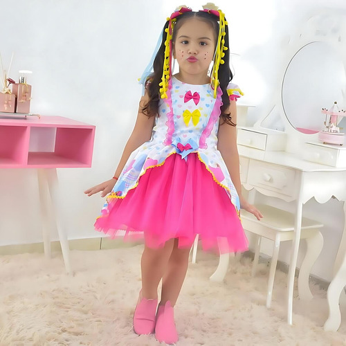Vestido Festa Junina Infantil - Várias Cores + 2 Laço Cabelo