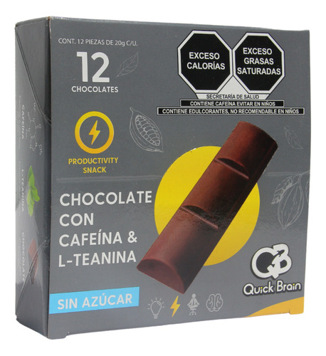 Chocolate Energético Sin Azúcar Qb Cafeína L-teanina 12 piezas