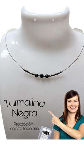 Collar Turmalina Negra 4mm  + Cristal Plateado ,  Protección