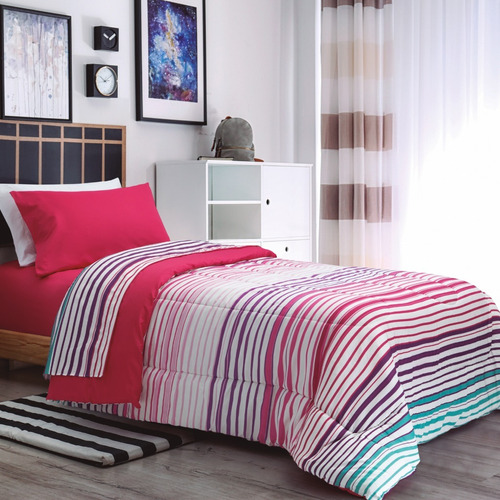 Acolchado Jean Cartier Infantil 1 1/2 plaza color multirraya fucsia de 160cm x 240cm