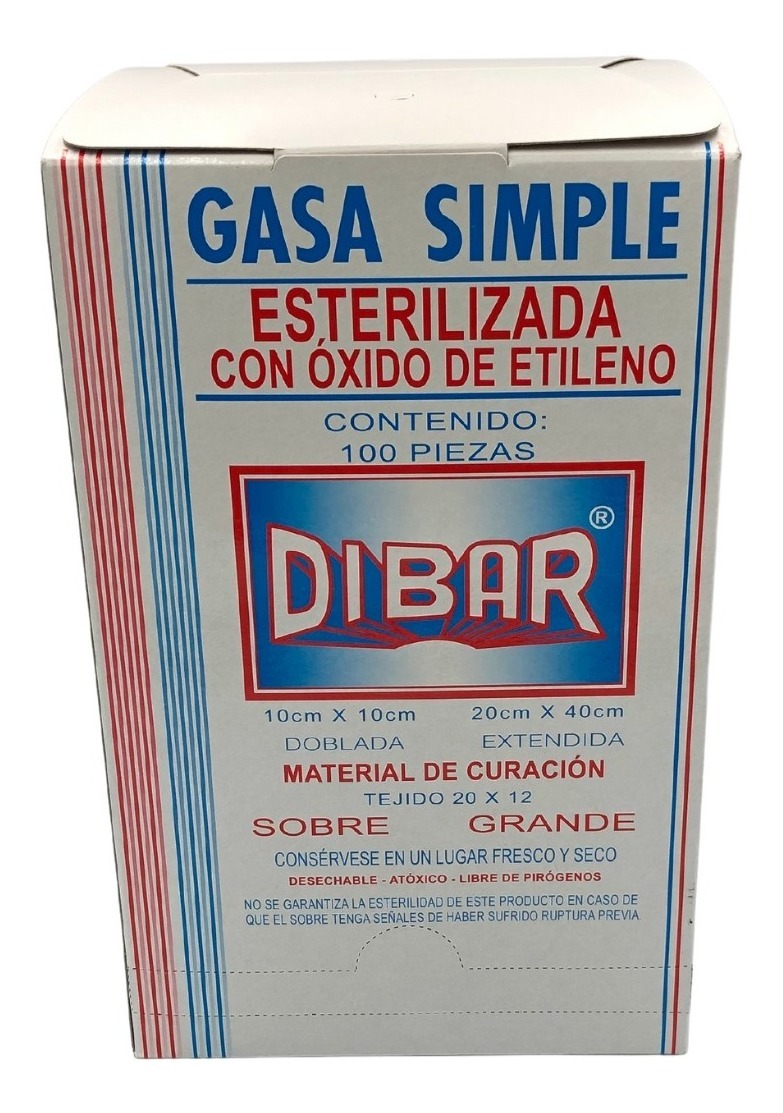 Gasa Simple Esteril Dibar 10x10 Cm Sobre Gde Caja 100 Piezas