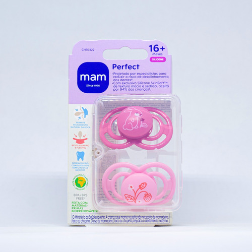Chupeta Mam Perfect 2 Unidade Rosa Menina Estojo Prático 16+