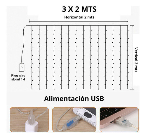 Luz Alambre Navideña Con Control 3x2mts 300 Luces Calido 3x2
