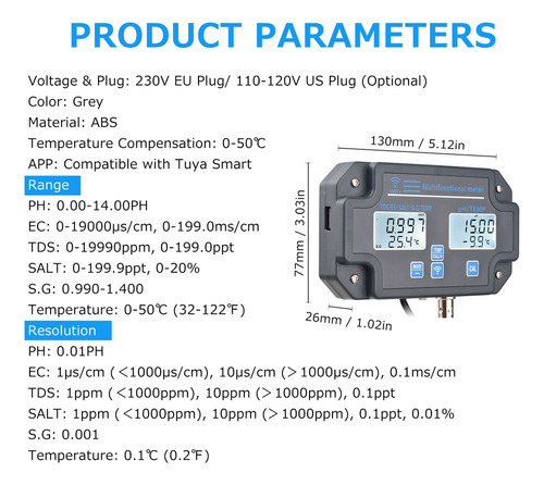 Analizador Agua Digital 6 En 1 Wifi Ph/ Ec/ Tds/ S.g/ Temp