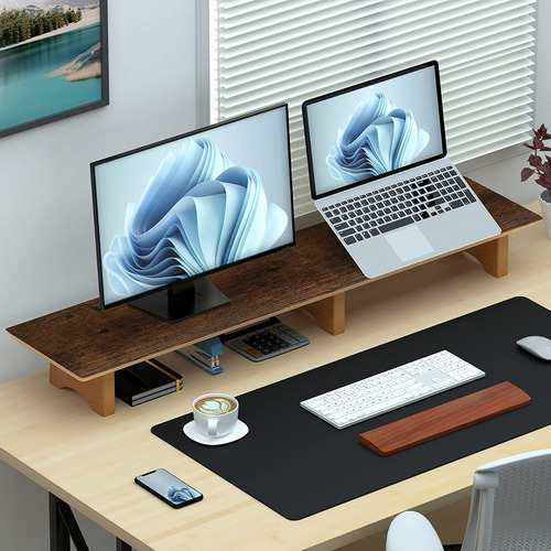 Large Dual Monitor Stand Riser - Solid Wood Desk Shelf