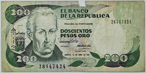 Billete 200 Pesos 01/abr/1991 Colombia Fine