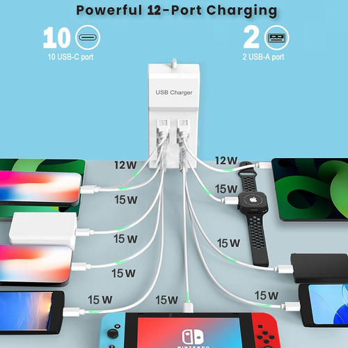 Cargador Usb C Múltiple 12 Puertos 60 W Compatible iPhone Ip