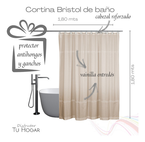 Imagen 2 de 8 de Cortina Baño Tela Bristol + Protector Antihongos + Ganchos