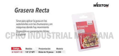 Grasera 1/8´´-27 Npt Recta 5 Blisters De 10 Piezas P