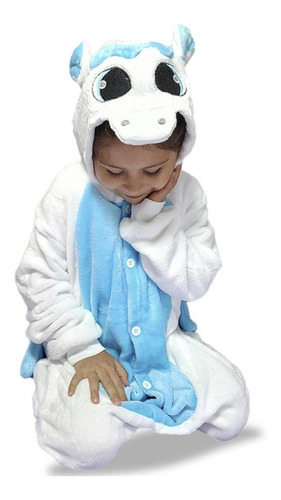Pijama Y Disfraz Enterito Polar Unicornio - Blanco Y Azul