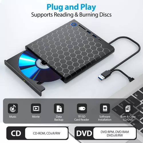 Grabadora de Lector CD/DVD Externa USB 3.0 y Tipo C, CD
