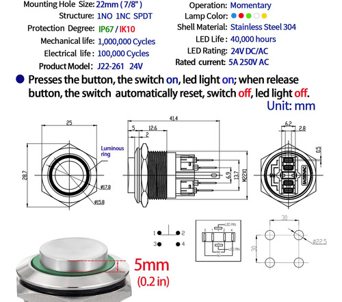Interruptor Momentario Momentario High Ip67 De 22 Mm