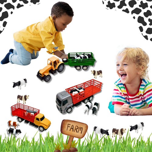 Kit 2 Caminhão + Trator Com Bois Vacas Brinquedo Presente