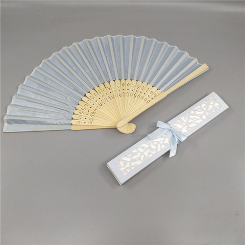 15 piezas de tela de bambú blanco para bodas y bautizos de Fans y caja de color azul claro