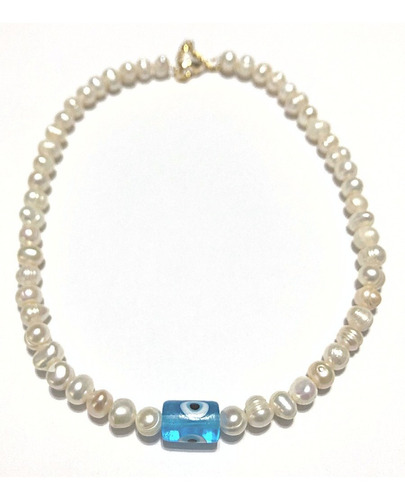 Collar Perlas De Río Cultivadas Con Ojo Turco Azul De Murano