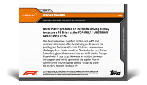 Oscar Piastri - First Podium Finish Of 2024 - Topps Now F1