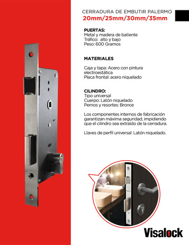 Cerradura Cisa Embutir Palermo 20mm + Manilla Visalock 2552