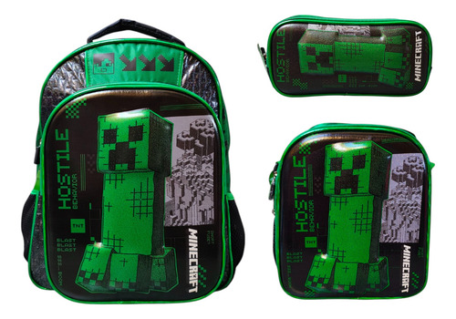 Kit Mochila Lonchera Lapicera Minecraft Movie Creeper Ruz Verde Musgo Impresion 3d