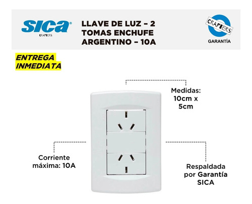 Imagen 2 de 5 de Llave De Luz Sica - 2 Tomas Enchufe Argentino - 10a - Blanca
