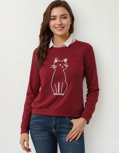 Sudadera Mujer Con Cuello Redondo Y Estampado De Gato
