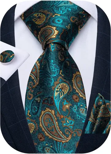 Corbata Para Hombre Con Estampado Paisley Azul Verde - Incluye Pañuelo De Bolsillo - Calidad Jacquard Microfibra