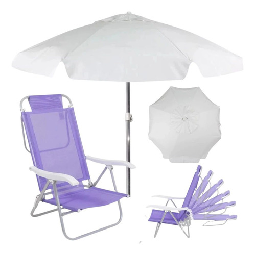 Kit Cadeira De Praia Sunny Dobrável + Guarda Sol 2 M Branco