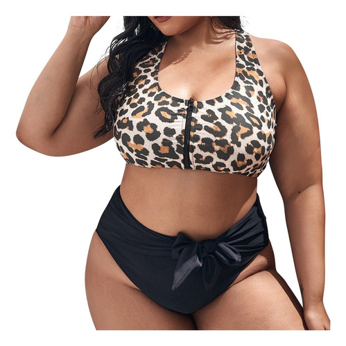 Fato De Banho Feminino Gordo Plus Size Leopard Print Zipper