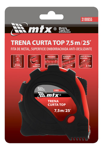 Trena Curta 7,5m 25mm Fita Metal Com Gancho Magnetico Mtx