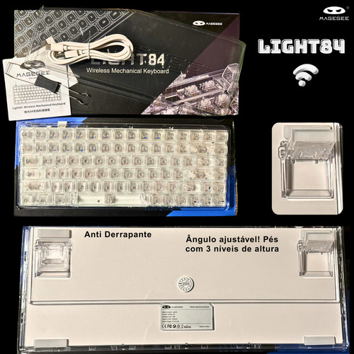 Teclado Mecânico Gamer Transparente Magegee Light84 Sem Fio 3 modos Wireless 2,4G Bluetooth e com fio Rgb Translucido Gasket switches pré lubrificados