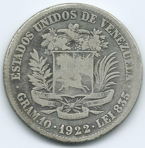 Moneda Plata 2 Bolívares De 1922 - 22 Separado Último 2 Alto