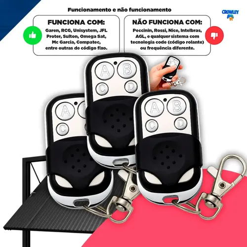 Kit 3 Controle Remoto Universal Para Portão Eletronico Automatico 433mhz – Crowley
