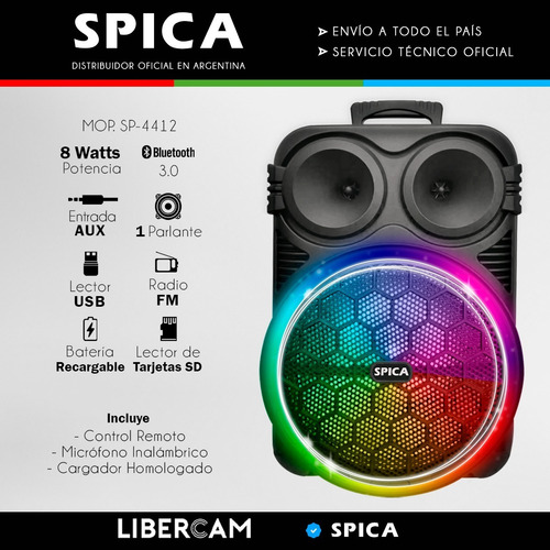 Parlante Spica Sp-4412 Bluetooth Portatil 12 Pulgada Led Rgb