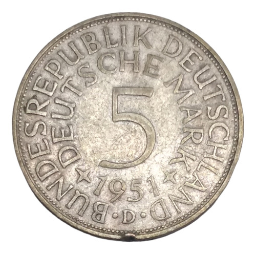 Moneda Alemania Occidental 5 Marcos Plata 625 Año 1951